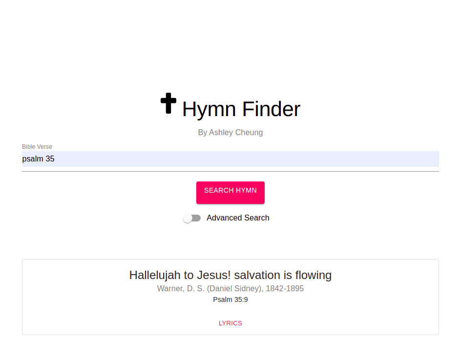 A web application that searches for hymns given a specific bible verse. It utilises React and the hymnary API.